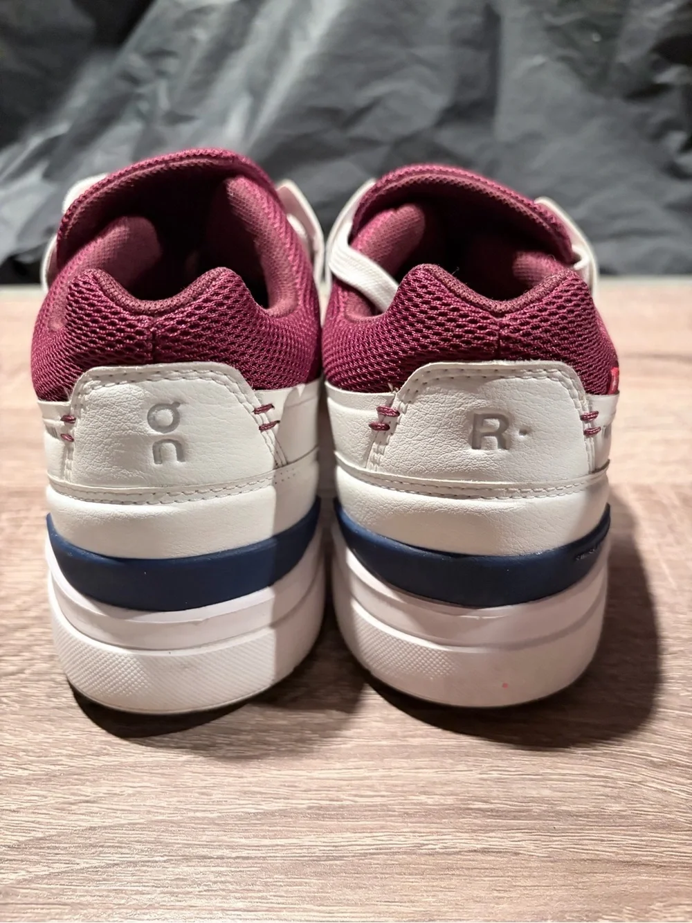 On Running White Sneakers with Burgundy Collar -Great Condition Sz 7